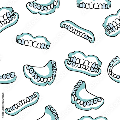 Dental prosthesis pattern. Dental implant. Medicine symbol for print. Dentures. Medical items. Seamless pattern.