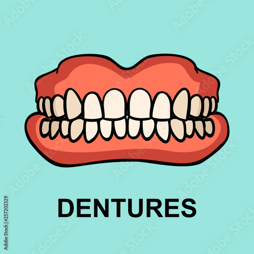 Dental prosthesis, tooth orthopedics sign. Denture icon on blue background. Dental implant. Dentures. Medicine symbol for websites, info graphics and print. Vector illustration.