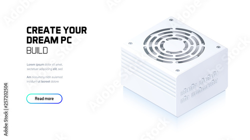 Power supply realistic 3d isometric illustration, personal computer hardware components, custom gaming and workstation accessories, pc store and service