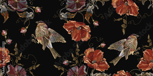 Embroidery birds and poppies flowers seamless pattern. Spring fashion art, template for design of clothes, t-shirt design