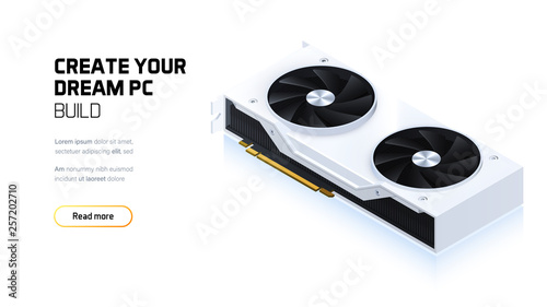 Graphic card 3d realistic isometric illustration, personal computer hardware components, custom gaming and workstation accessories, pc store and service