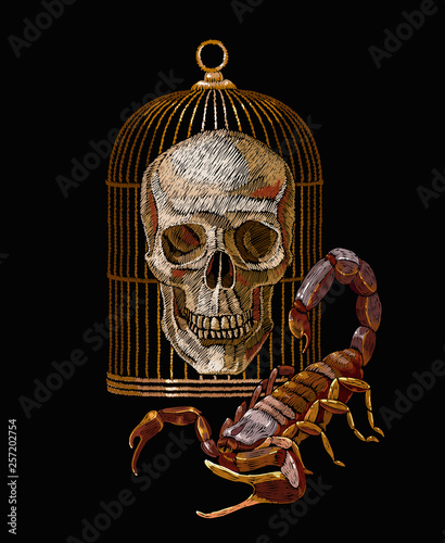 Embroidery skull, scorpion and golden cage. Classical gothic dark art. Medieval template for clothes, textiles, t-shirt design