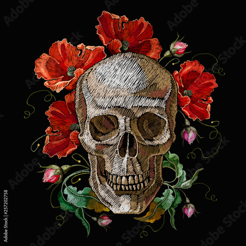 Embroidery human skull and red poppies flowers. Gothic embroidery. Medieval template for clothes, textiles, t-shirt design