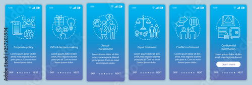 Corporate policy onboarding mobile app page screen vector template