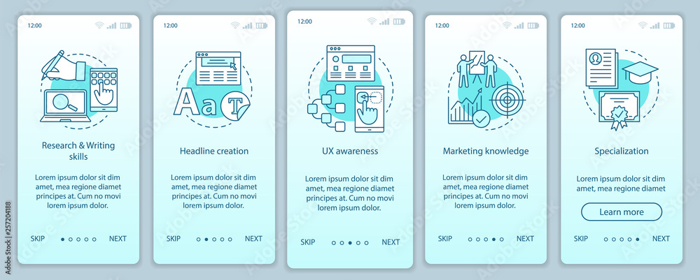 Digital marketing courses onboarding mobile app page screen vect