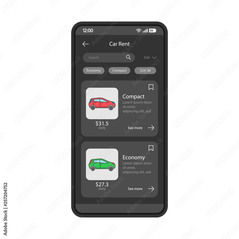 Car rental app interface vector template Car rental app interface vector template