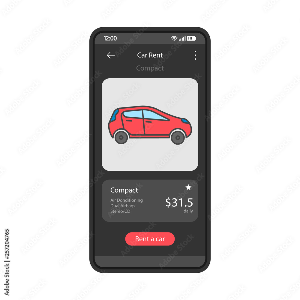 Car rent app interface vector template Car rent app interface vector template