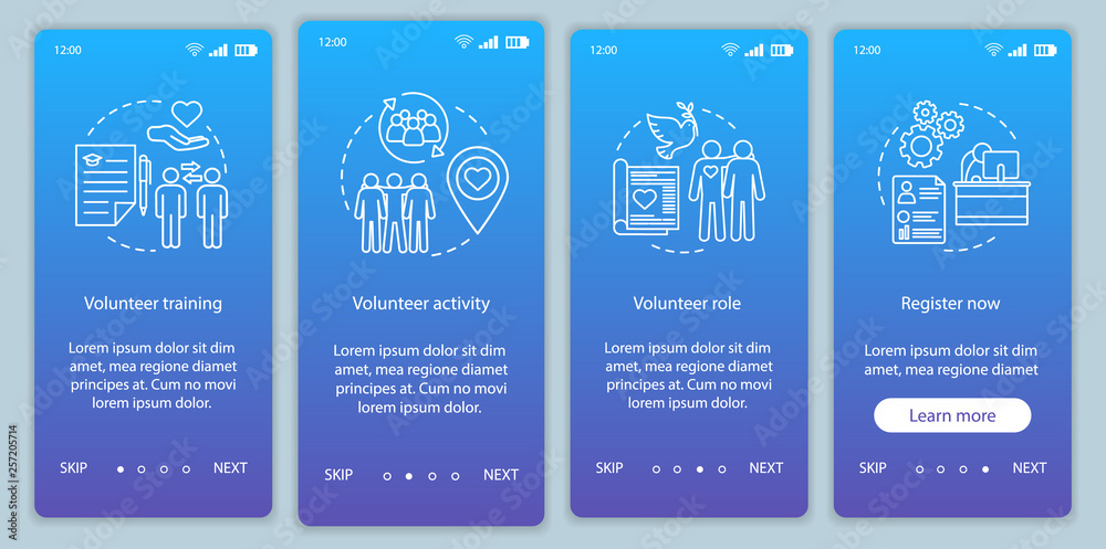 Volunteer becoming onboarding mobile app page screen vector template