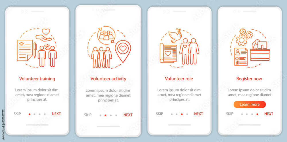 Volunteer becoming onboarding mobile app page screen with linear concepts