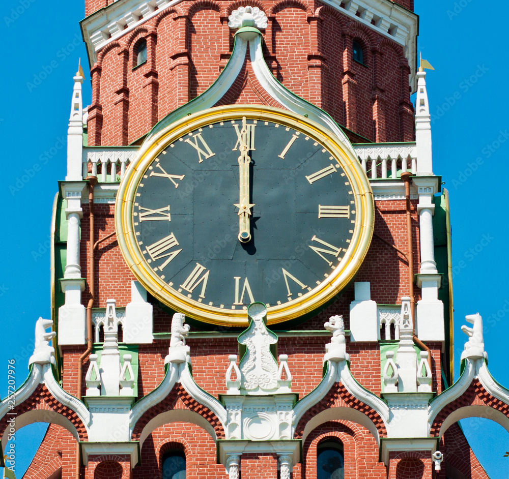 The Kremlin Clock (Kremlin Chimes). Twelve o'clock. Spasskaya Tower. Moscow. Russia