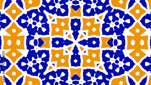 Ornamental background. Orange and blue tracery on white background.
