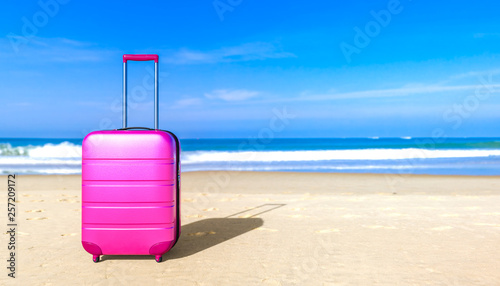 Suitcase on sea beach. Travel baggage concept. Copy space. Holiday  rest  recreation  relaxation. 3D rendering illustration
