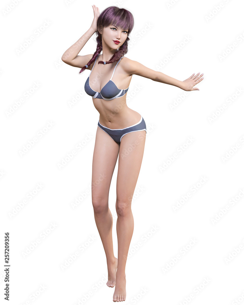 3D beautiful summer beach blond woman blue swimsuit bikini.Summer rest.Conceptual fashion art.Seductive candid pose.Realistic render illustration.Isolate Stock Illustration Adobe Stock