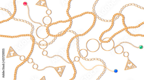 Vector seamless pattern with golden chains, pendants and large golden rings of bracelets on a light background. Luxurious illustrations for printing on textiles, fashionable dresses, scarves.