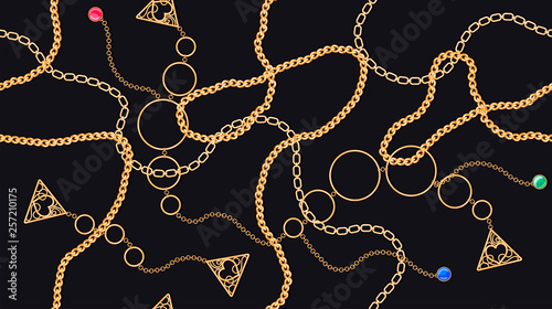 Vector seamless pattern with golden chains, pendants and large golden rings of bracelets against a dark background. Luxurious illustrations for printing on textiles, fashionable dresses, scarves.