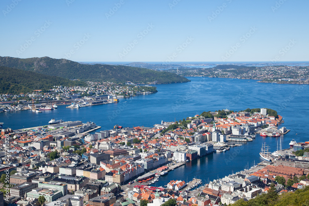 Panoramic view on Bergen city and the harbour from the Floyen mountain 