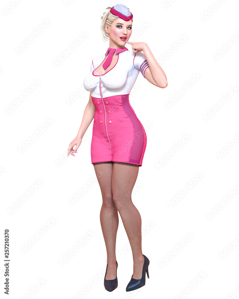 Beautiful woman Stewardess.Air hostess flight girl.Short white and pink dress, black stocking.Conceptual fashion art.Green eyes.Seductive candid pose.Realistic 3D render illustration.Isolate, high key Beautiful woman Stewardess.Air hostess flight girl.Short white and pink dress, black stocking.Conceptual fashion art.Green eyes.Seductive candid pose.Realistic 3D render illustration.Isolate, high key