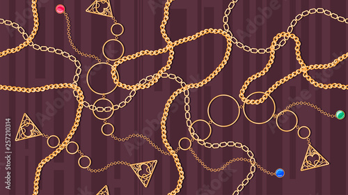 Vector seamless pattern with golden chains, pendants and large golden rings of bracelets against a dark background. Luxurious illustrations for printing on textiles, fashionable dresses, scarves.