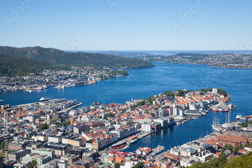 Panoramic view on Bergen city and the harbour from the Floyen mountain 