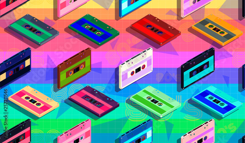 Vector seamless pattern with cassettes in isometric view on a bright rainbow background. For fashion design, printing on stationery or wall paper.