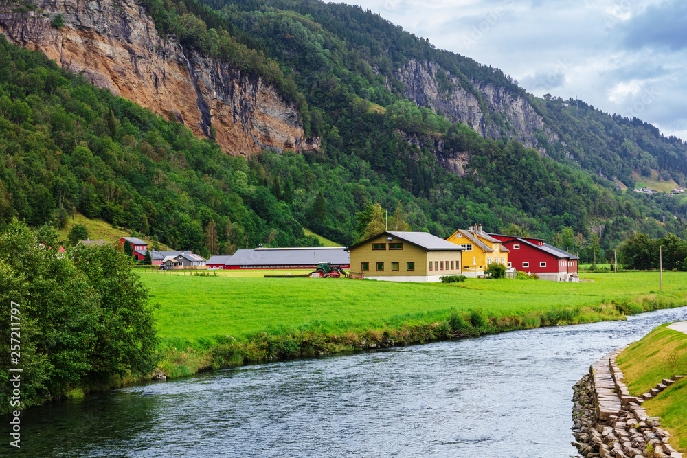 Fototapeta premium houses by the river, Norway