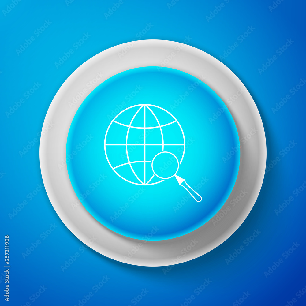Magnifying glass with globe icon isolated on blue background. Analyzing the world. Global search sign. Circle blue button. Vector Illustration Magnifying glass with globe icon isolated on blue background. Analyzing the world. Global search sign. Circle blue button. Vector Illustration