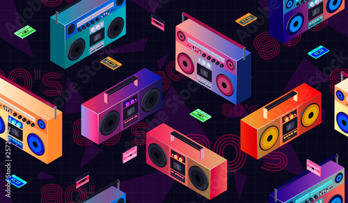 Vector naadloze achtergrond met boombox bandrecorder en audiocassettes op donkere achtergrond in de stijl van de jaren 80. Voor kledingontwerp, bedrukking op briefpapier en behang.
