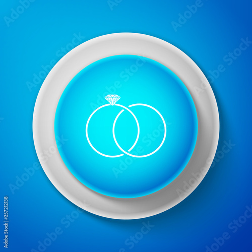 Wedding rings icon isolated on blue background. Bride and groom jewelery sign. Marriage icon. Diamond ring. Circle blue button. Vector Illustration