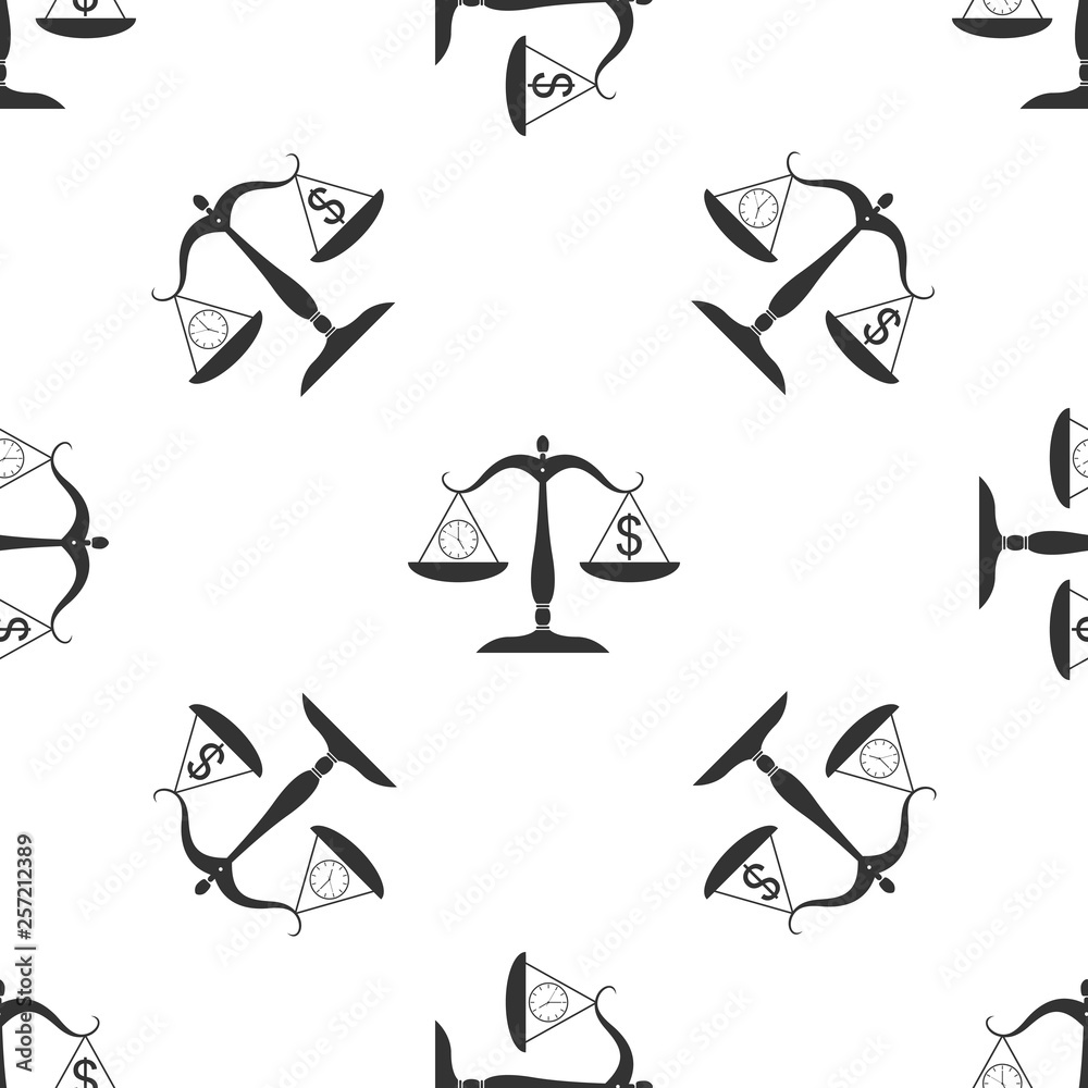 Scale weighing money and time icon isolated seamless pattern on white background. Scales with hours and a coin. Balance between work and the given time. Business concept. Vector Illustration