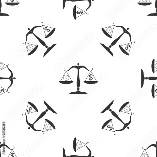 Scale weighing money and time icon isolated seamless pattern on white background. Scales with hours and a coin. Balance between work and the given time. Business concept. Vector Illustration
