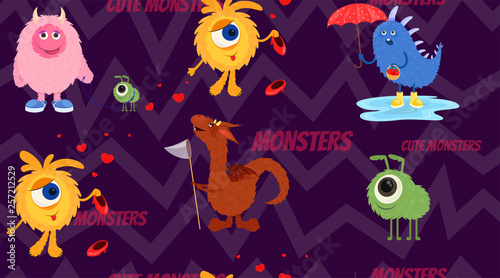 Seamless vector pattern monsters on a dark background. Illustration in flat cartoon style for wallpaper or corporate identity.