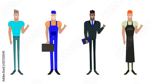 Isolated character in flat style. Man in different outfits of different professions. For corporate identity or web.