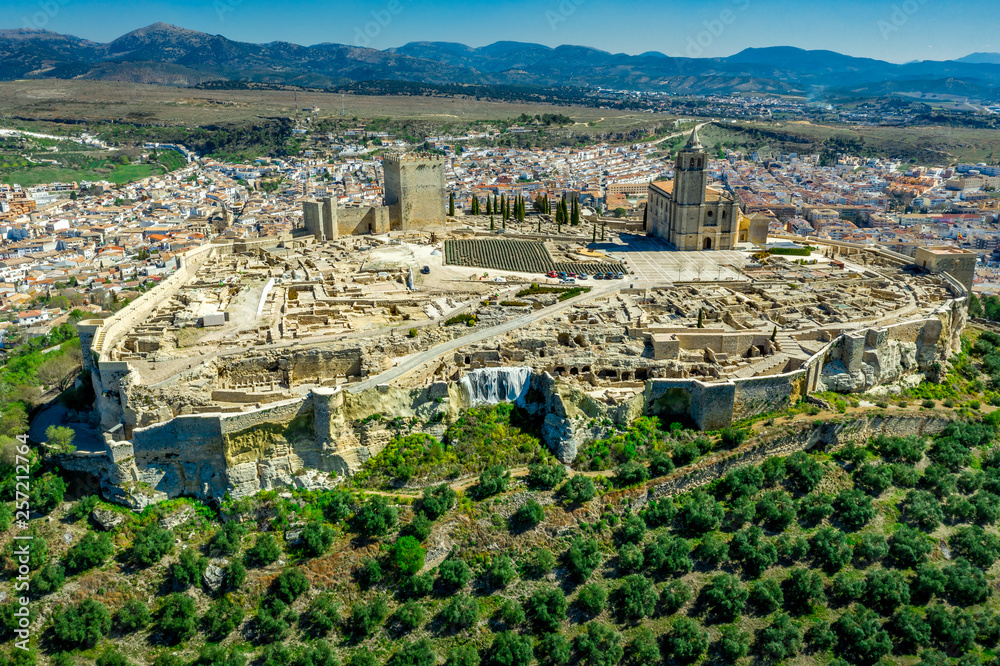 Alcala la Real aerial panorama view of the medieval ruined hilltop  fortress from the Arab times in Andalucia Spain near Granada