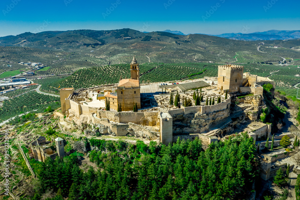 Alcala la Real aerial panorama view of the medieval ruined hilltop  fortress from the Arab times in Andalucia Spain near Granada