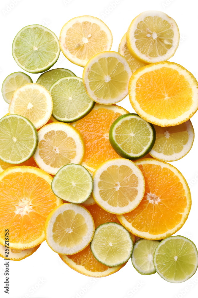slices of different citrus fruit isolated on white background