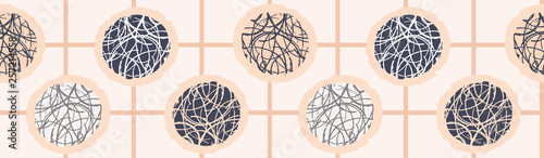 Hand drawn textured polka dot circles border seamless pattern. Sketchy organic dotty lines vector illustration. Modern edging graphic design. Fresh scandi style scribble grid. Home decor ribbon trim.