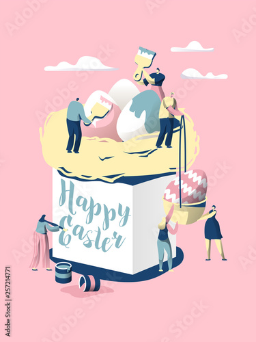 Easter Cake. Character Make Bread for Celebrate Christian Holiday. Decorate with Colorful Egg and Write Wish on the Side of Panettone. Paschal Food. Flat Cartoon Vector Illustration