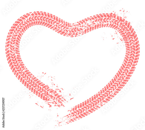 Tire tracks heart. Motorist love, hearts tire track and motor car enthusiast valentines card grunge vector illustration