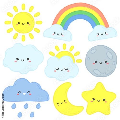 Cute sky. Happy sun, funny moon and hand drawn star. Nursery sleep clouds, baby rainbow and night stars cartoon vector illustration