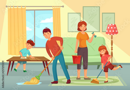 Family cleaning house. Father, mother and kids cleaning living room together housework cartoon vector illustration