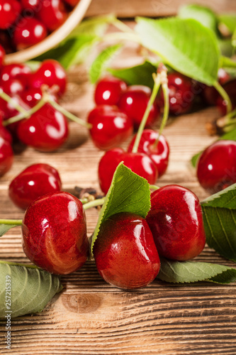 Sweet cherries in a wooden basket.
