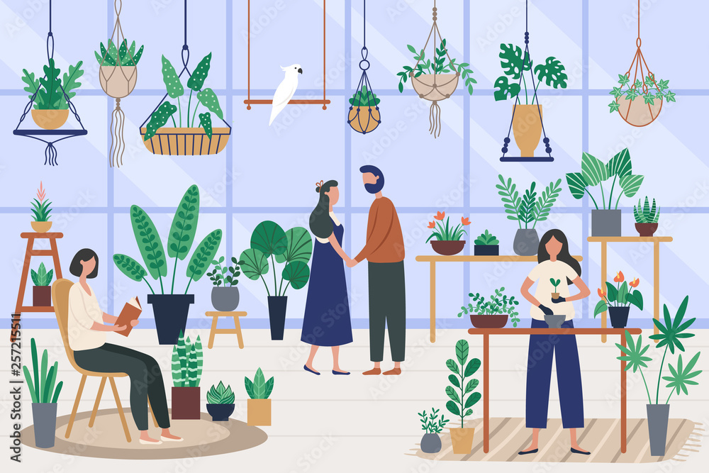 Botanist greenhouse. Planting houseplant, grow plants and planter hobby