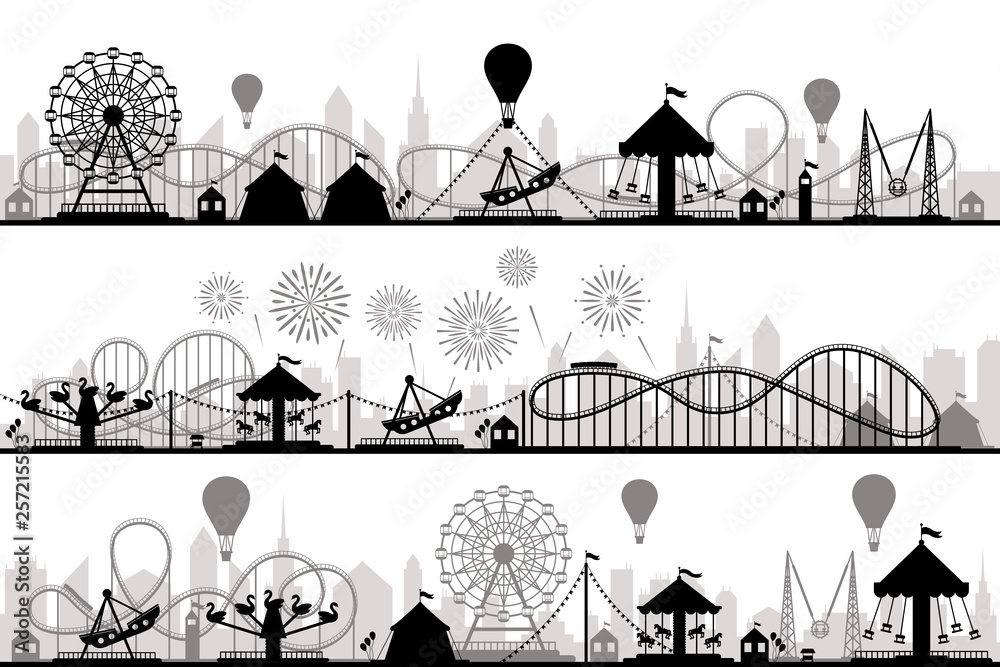 Amusement park landscape. Carnival roller coasters silhouettes, festive carousel and ferris wheel parks vector silhouette illustration - obrazy, fototapety, plakaty 