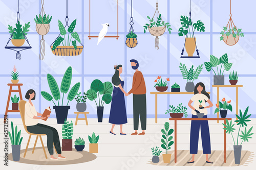 Botanist greenhouse. Planting houseplant, grow plants and planter hobby. Friends spending time at orangery vector illustration