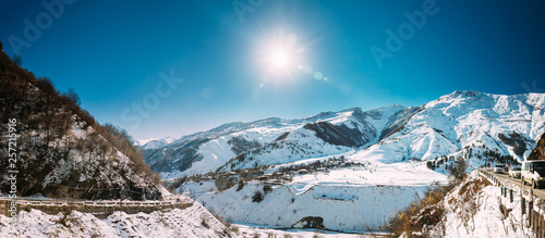 Zemo Mleta, Mtskheta-Mtianeti Region, Georgia. Village Zemo Mleta During Sunny Winter Day. Beautiful Georgian Mountains Landscape In Winter photo