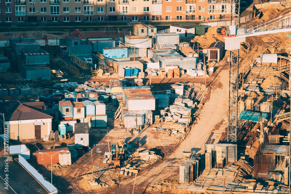 Minsk, Belarus. Excavator On City Building Site.  Construction Of Houses