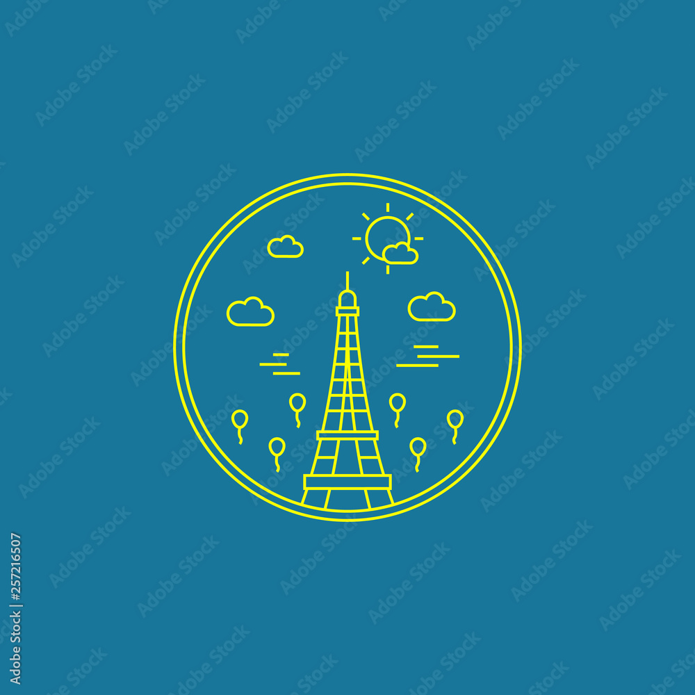 Paris France Eiffel Tower monoline line art city landmark badge emblem in happy sunny day theme Paris France Eiffel Tower monoline line art city landmark badge emblem in happy sunny day theme