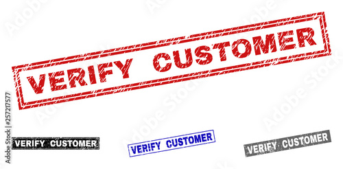 Grunge VERIFY CUSTOMER rectangle stamp seals isolated on a white background. Rectangular seals with grunge texture in red, blue, black and gray colors.
