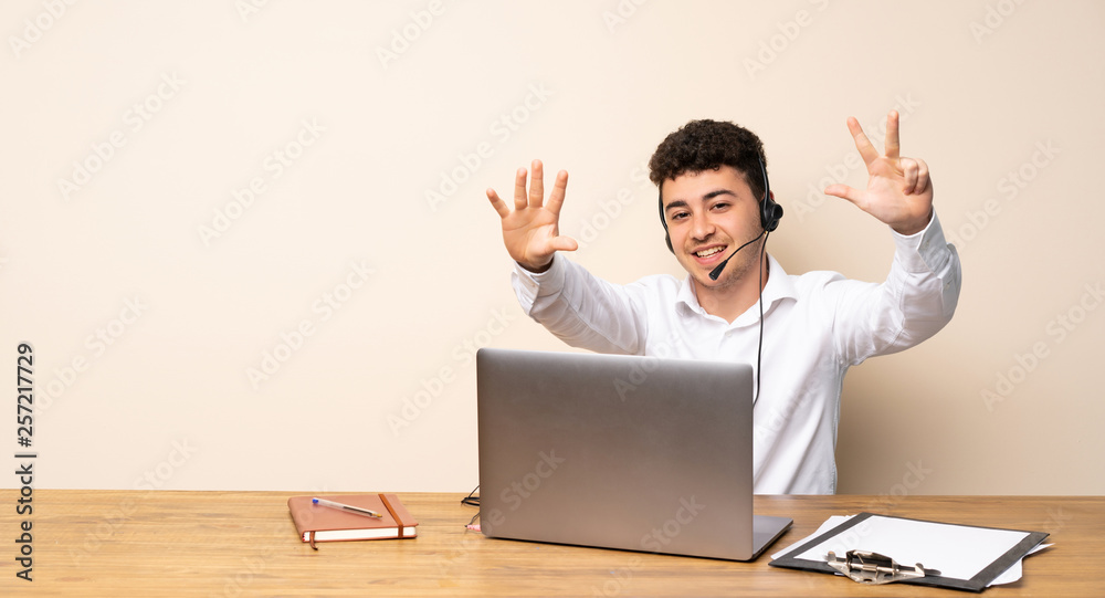 Telemarketer man counting eight with fingers Telemarketer man counting eight with fingers
