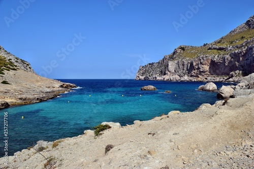 Sea bay with turquoise water  beach and mountains  Cala Figuera on Cap Formentor